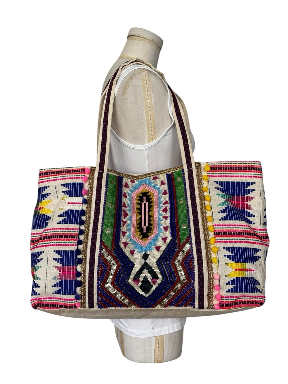 America & Beyond Tribal Hand Beaded Multi-Color Southwest Tote Bag Beach Travel
